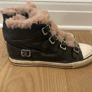 Pink and black fluffy ash sneakers